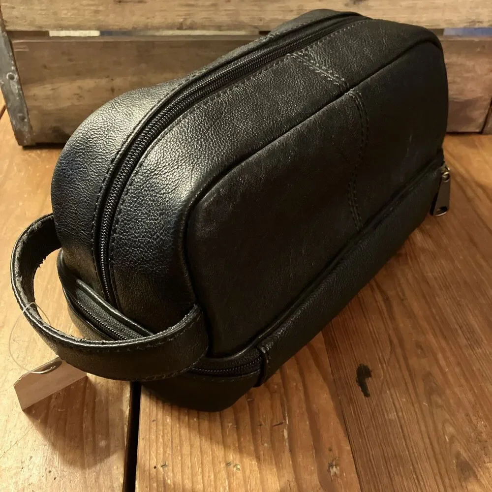 Vintage FOSSIL Black Leather Toiletry Zip Around Shave Kit Bag